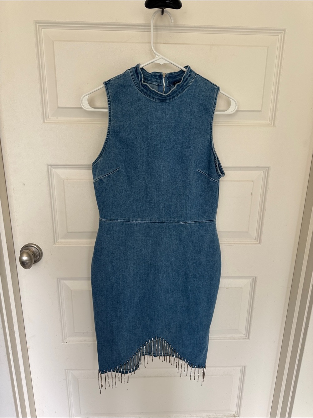 Haute Monde Sleeveless Denim Mini Dress with Beaded Fringe - Blue